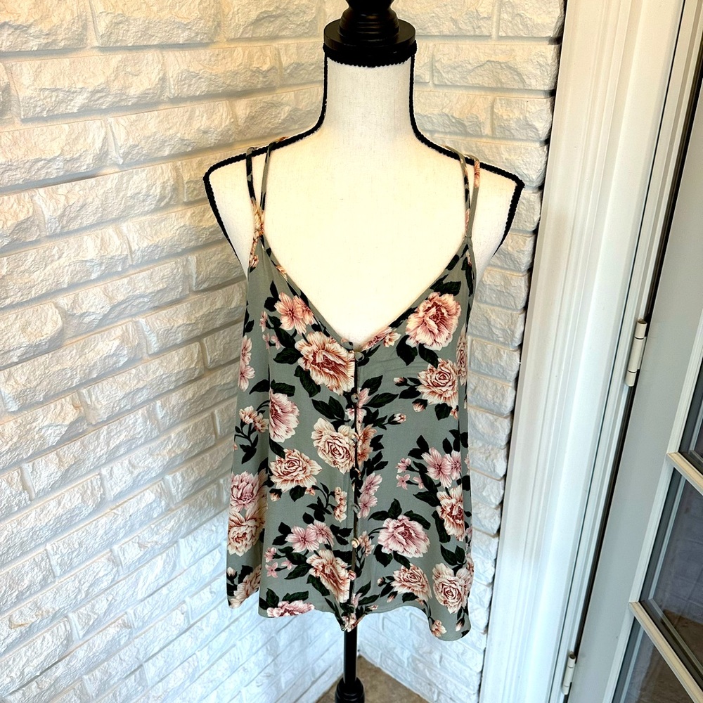 American Eagle Outfitters Sage Green Floral Button-Front Tank Top